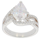Elegant pear-shaped white Moissanite ring in sterling silver with accent crystals, radiating luxury and sophistication.